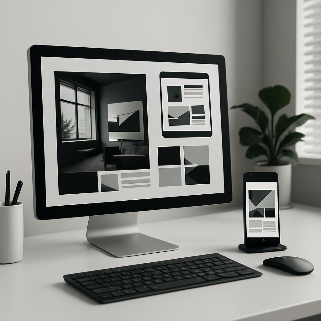 A computer monitor displaying a design project for a modern room with black, white, and grey elements.